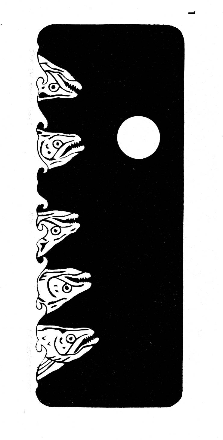 Black and white print with 5 salmon heads looking at a moon