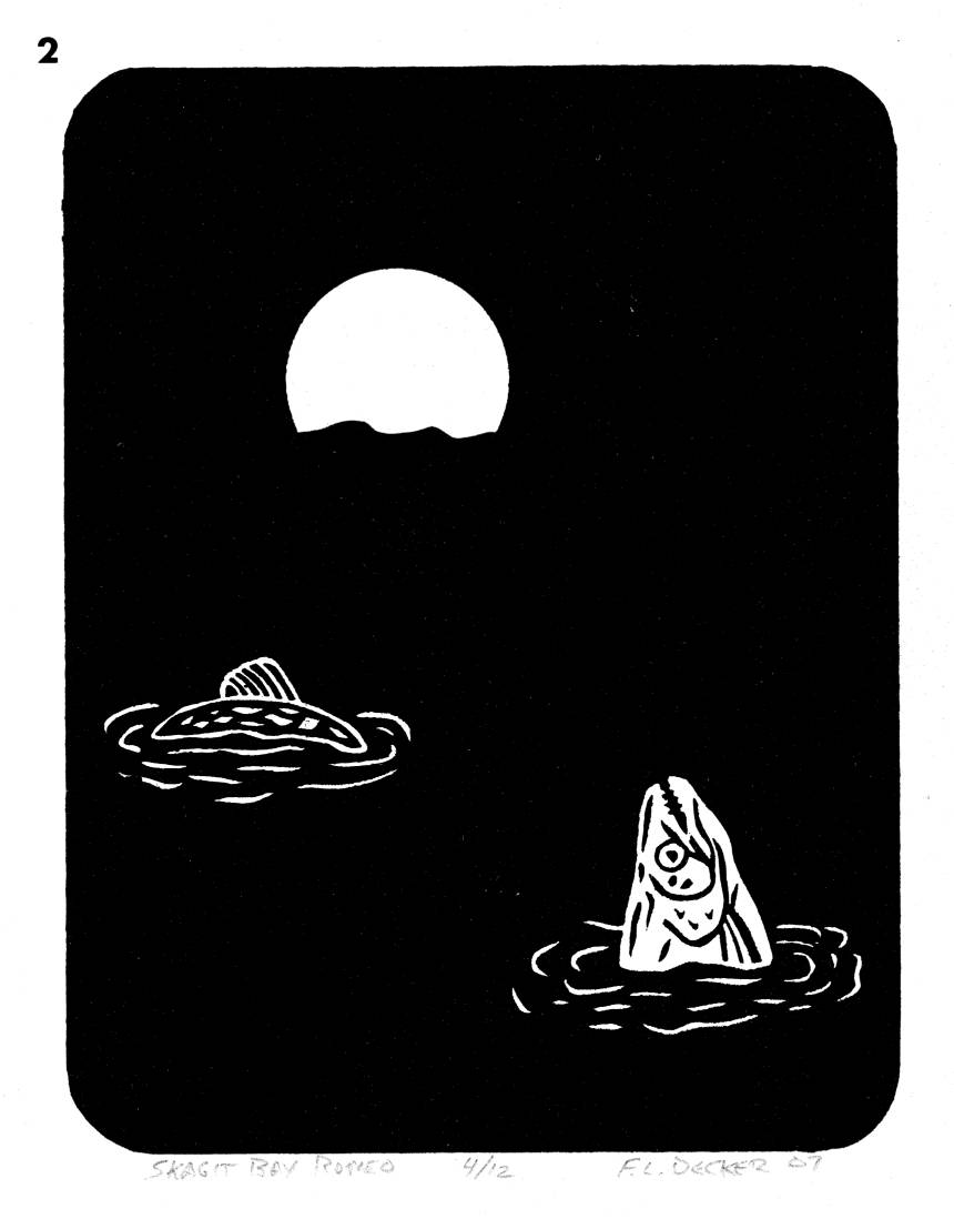 Black and white print with a salmon that has it's head out of the water looking at a moon
