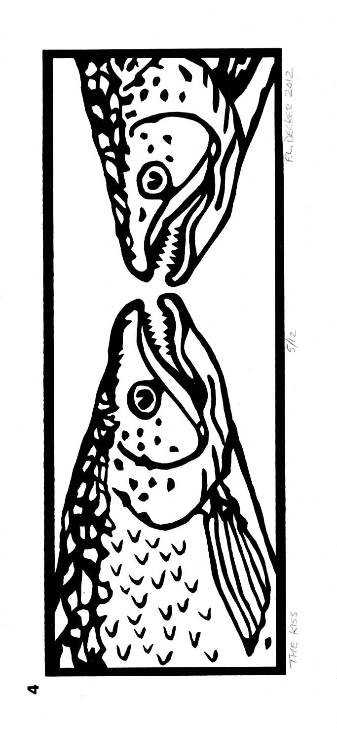 Black and white print with two salmon facing each other very close